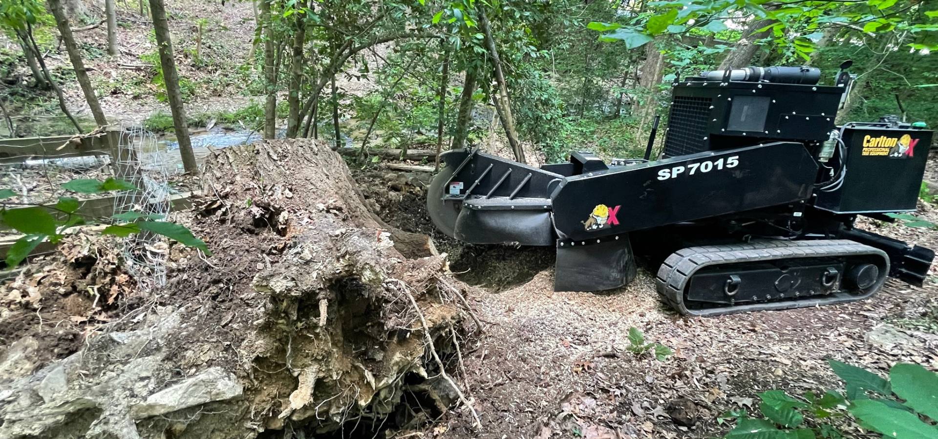 The black ZZ Tree stump grinder sitting a stump in a wooded area.